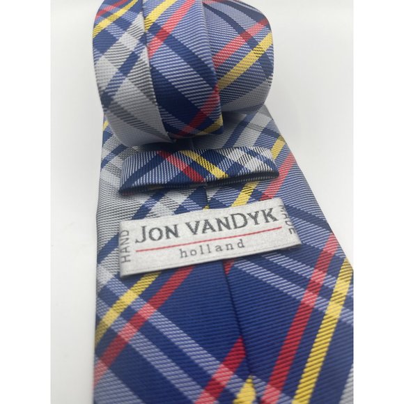 Jon VanDyk Holland Handmade Necktie With Gray Yellow Red and Blue Plaid - Picture 4 of 5
